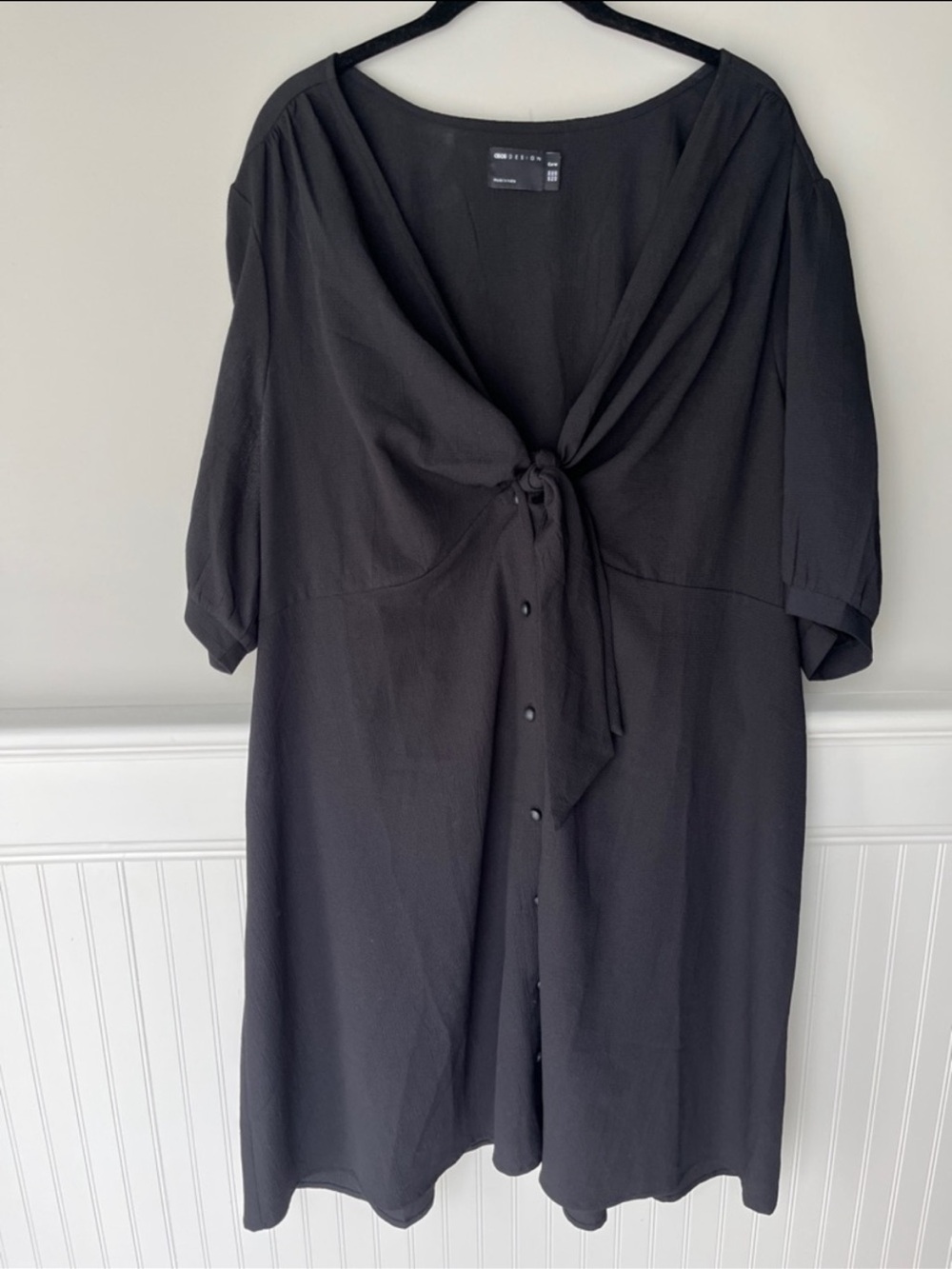 ASOS DESIGN Black Puff Sleeve Tie Front Babydoll Dress US20